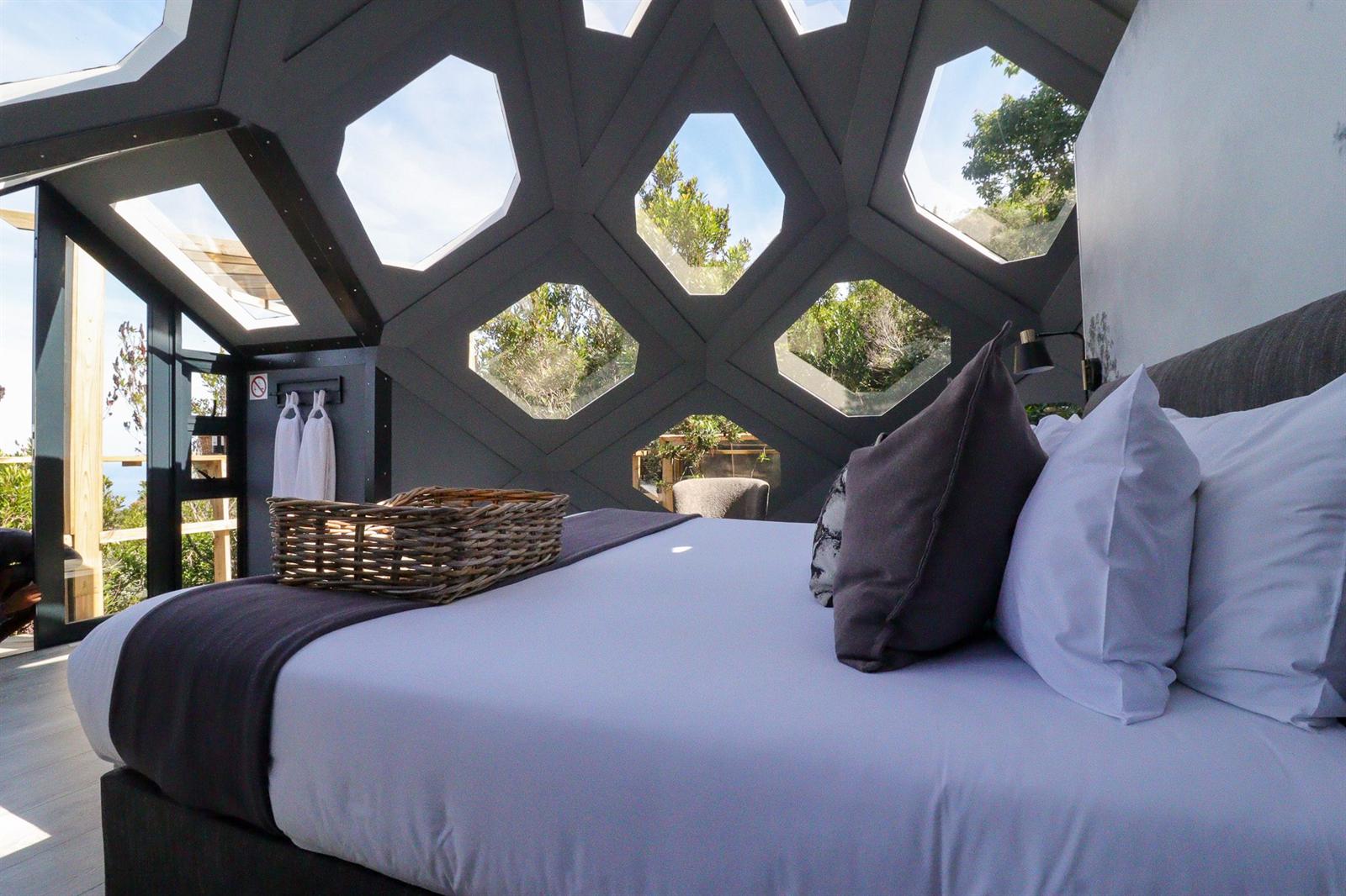 Dome interior with the bed beneath the hexagonal windows